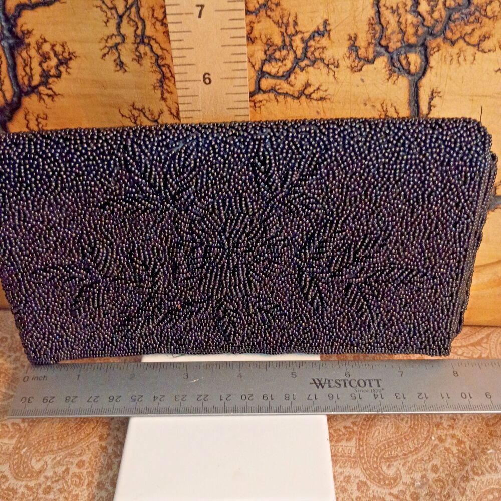 VTG Black Beaded Evening Clutch Bag Hand Made in Hong Kong Cocktail Purse Snap